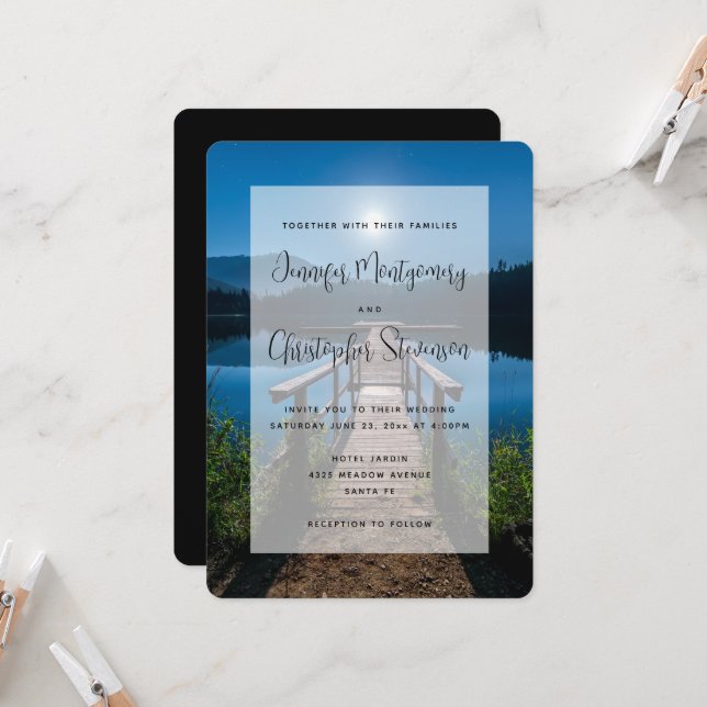 Pier at Night under a Full Moon Wedding Invitation (Front/Back In Situ)