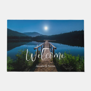 Pier at Night under a Full Moon Welcome Doormat