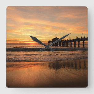 Pier beach sunset square wall clock
