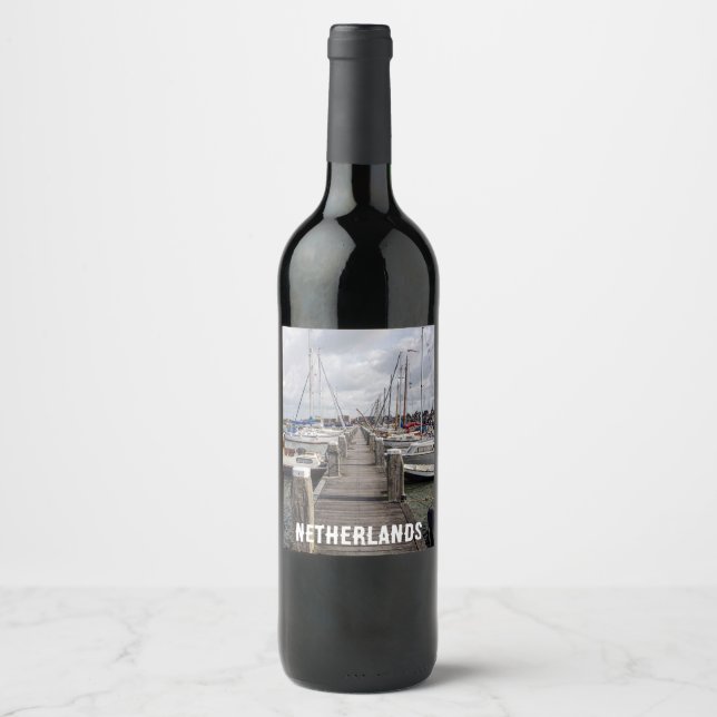 Pier with boats and yachts in Marken Netherlands W Wine Label (Front)