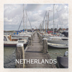 Pier with boats and yachts Marken Netherlands Glass Coaster