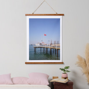 Pier with view of the marine with yacht in Turkey Hanging Tapestry