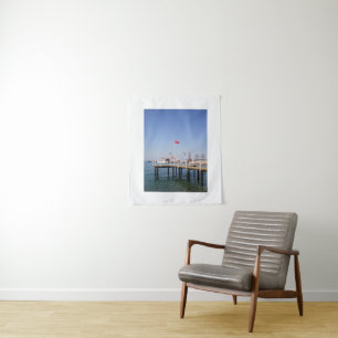 Pier with view of the marine with yacht in Turkey Tapestry
