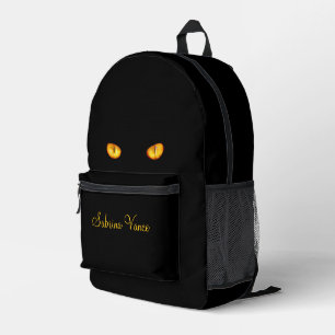 Piercing Stare Golden Eyes Black Cat with Name Printed Backpack