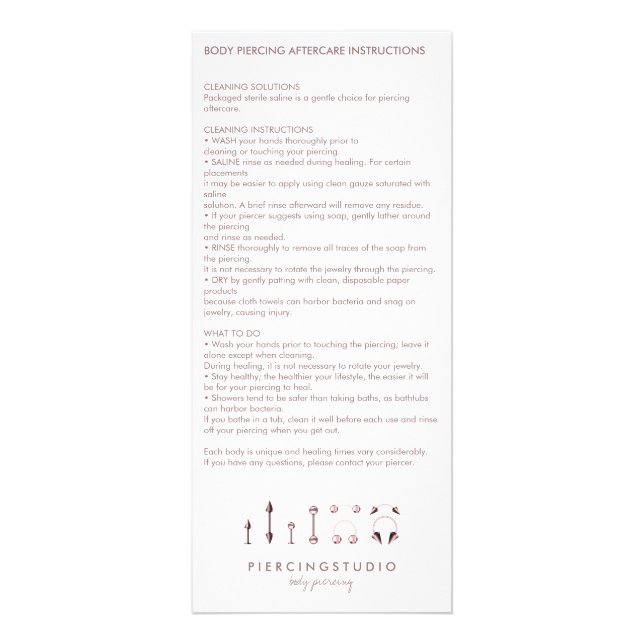 Piercing Sterling Jewellery Aftercare Instruction Rack Card (Front)