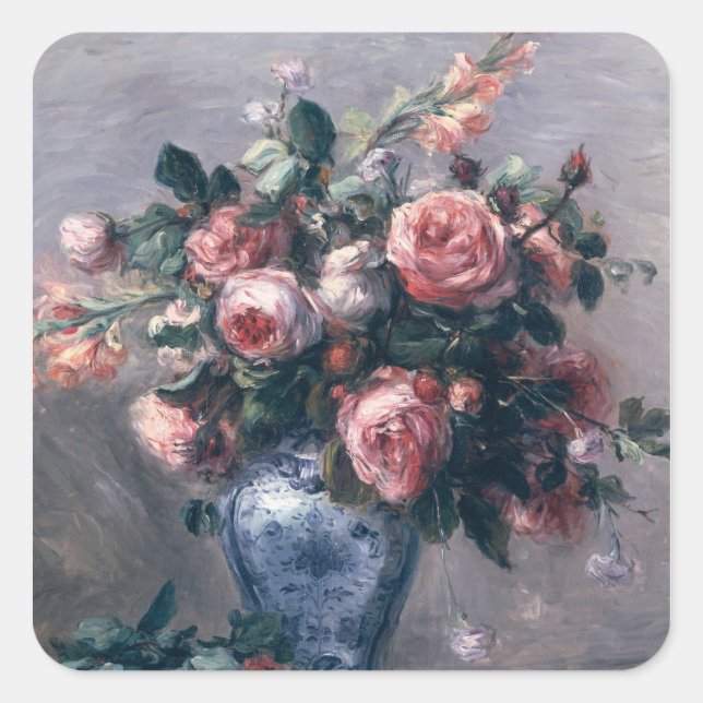 Pierre A Renoir | Vase of Roses Square Sticker (Front)