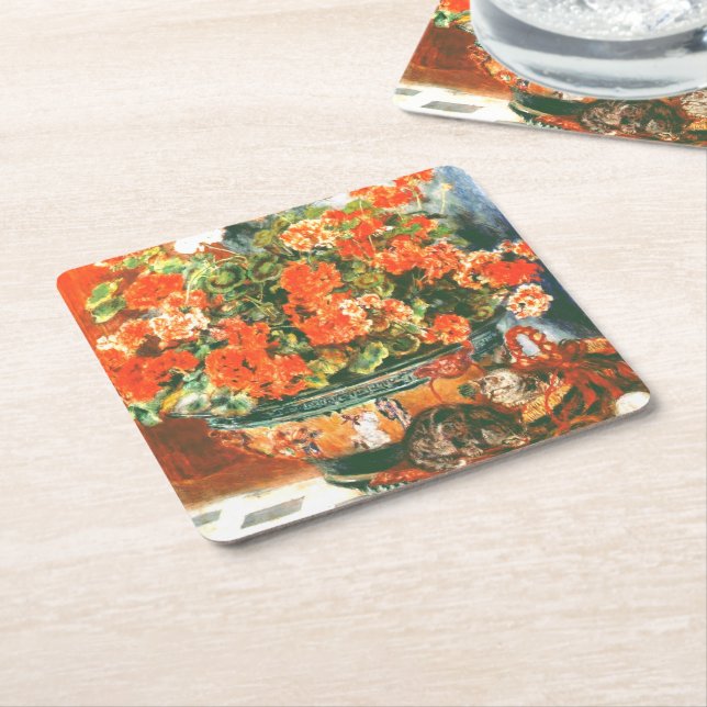 Pierre-Auguste Renoir Geraniums And Cats   Square Paper Coaster (Angled)