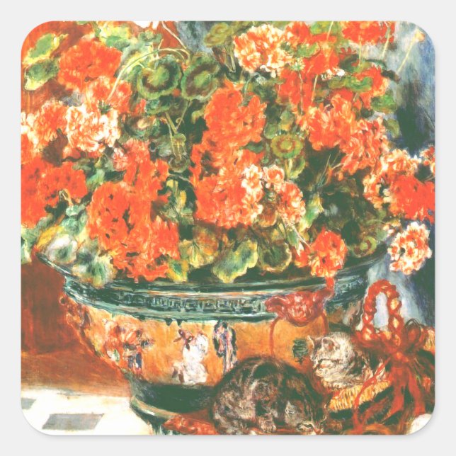 Pierre-Auguste Renoir Geraniums And Cats    Square Sticker (Front)