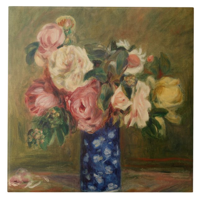 Pierre Auguste Renoir Pink Blue Bouquet of Roses Tile (Front)
