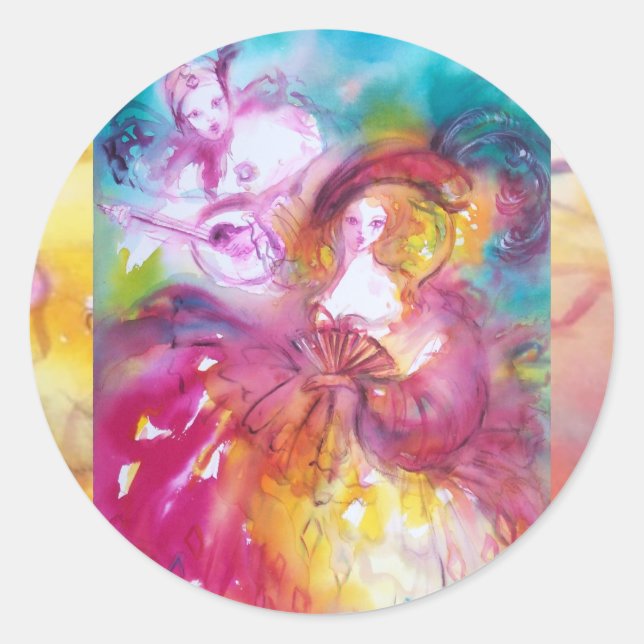 PIERROT AND ARLECCHINA Venetian Carnival, Classic Round Sticker (Front)