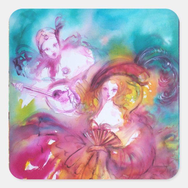 PIERROT AND ARLECCHINA Venetian Carnival, Square Sticker (Front)