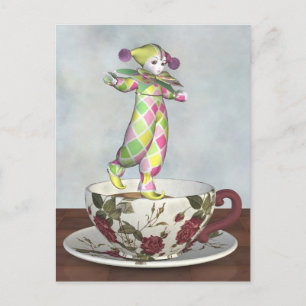 Pierrot Clown Doll Balancing on a Tea Cup Postcard