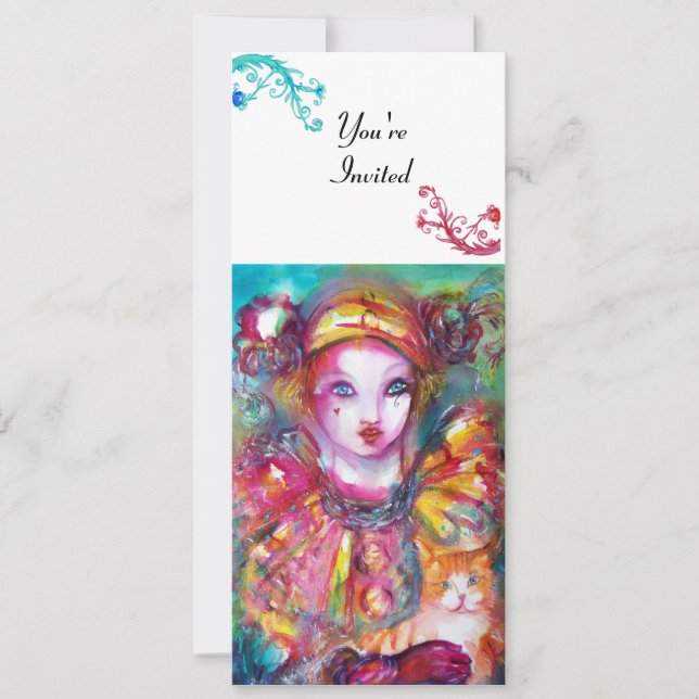 PIERROT WITH CAT / Mardi Gras Masquerade Party Invitation (Front)