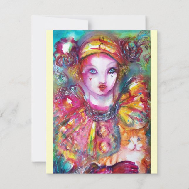 PIERROT WITH CAT / Mardi Gras Masquerade Party Invitation (Front)