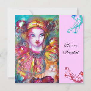 PIERROT WITH CAT / Mardi Gras Masquerade Party Invitation