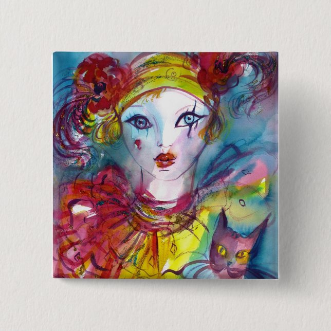 PIERROT WITH CAT / Venetian Masquerade Masks 15 Cm Square Badge (Front)