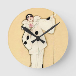 Pierrot With Pink Rose by Sophia Chiostri Round Clock
