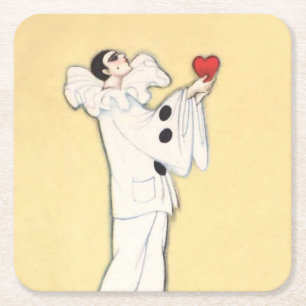 Pierrot With Red Heart by Sophia Chiostri Square Paper Coaster