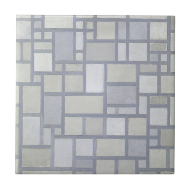 Piet Mondrian Abstract Geometric Grey Grid Art Tile (Front)