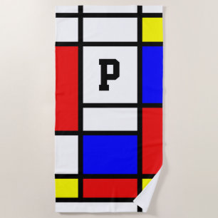 Piet Mondrian Art Style Modern Bright Monogrammed Beach Towel