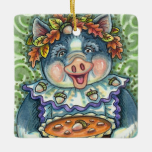 PIG & ACORN PIE, THANKSGIVING MADE WITH LOVE CERAMIC ORNAMENT