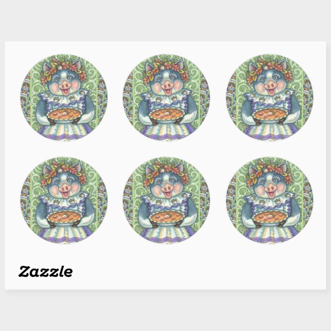 PIG & ACORN PIE, THANKSGIVING MADE WITH LOVE CLASSIC ROUND STICKER (Sheet)