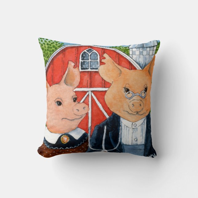 Pig American Gothic spoof watercolor art painting Cushion (Front)
