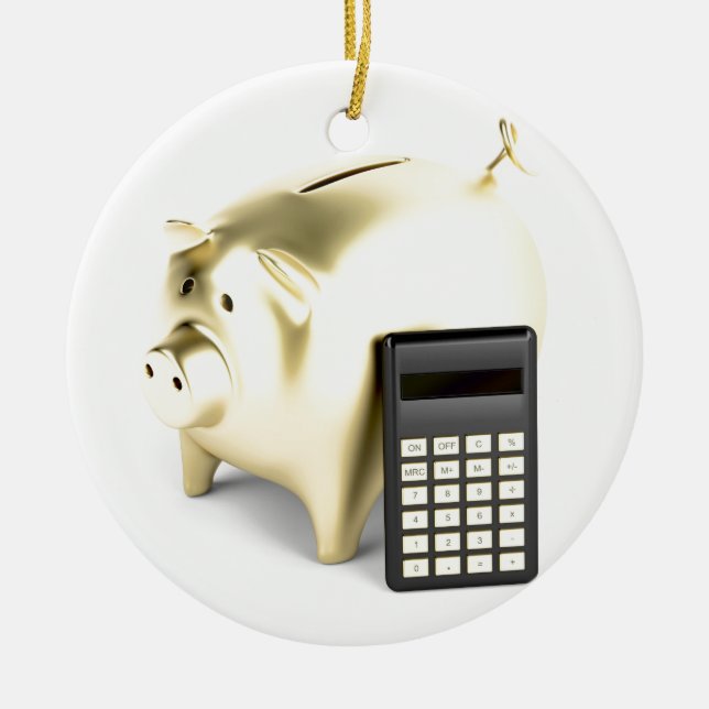 Pig and calculator ceramic tree decoration (Front)