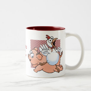Pig and chicken jumping with joy! Two-Tone coffee mug