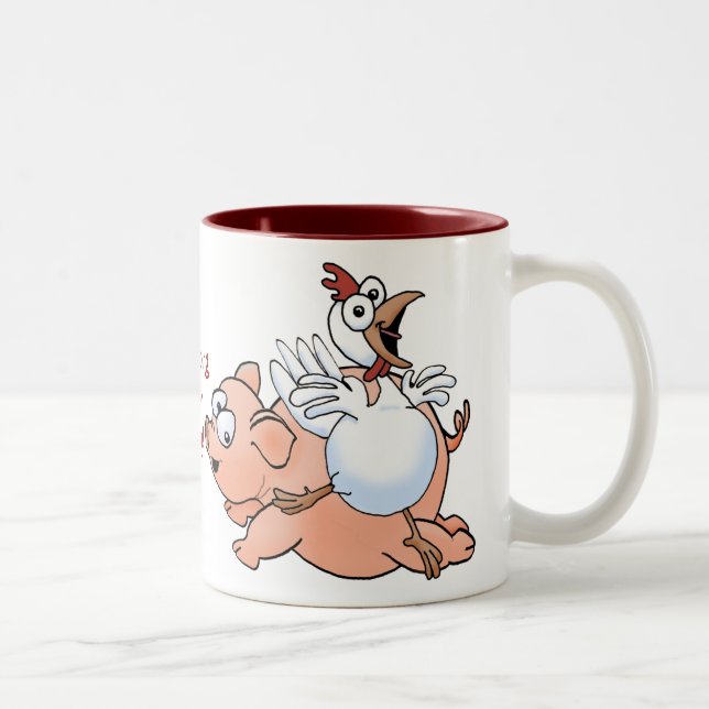 Pig and chicken jumping with joy! Two-Tone coffee mug (Right)