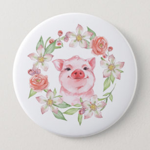 Pig and flowers 10 cm round badge