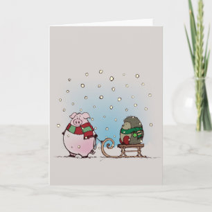 Pig and hedgehog with scarfs holiday card