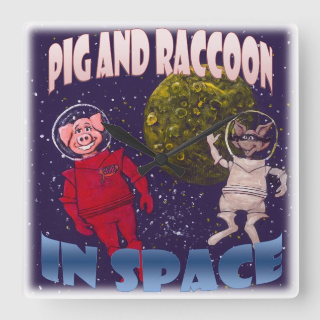 Pig and Raccoon in Space Square Wall Clock (Front)