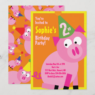 Pig Animal Kid's Birthday Party Invitations