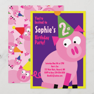 Pig Animal Kid's Birthday Party Invitations