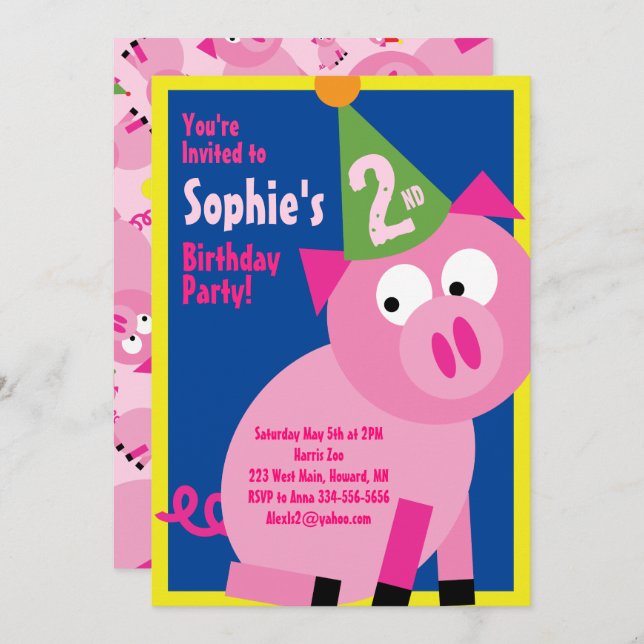 Pig Animal Kid's Birthday Party Invitations (Front/Back)