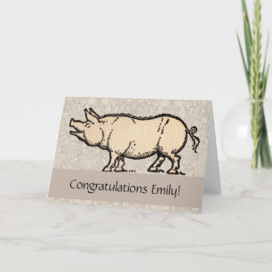 Pig Antique Piggy Cute Vintage Illustration Card