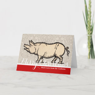 Pig Antique Piggy Cute Vintage Illustration Holiday Card