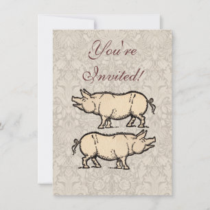 Pig Antique Piggy Cute Vintage Illustration Invitation