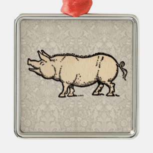 Pig Antique Piggy Cute Vintage Illustration Metal Tree Decoration