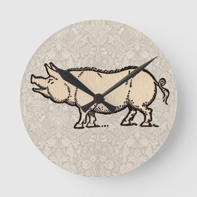 Pig Antique Piggy Cute Vintage Illustration Round Clock (Front)