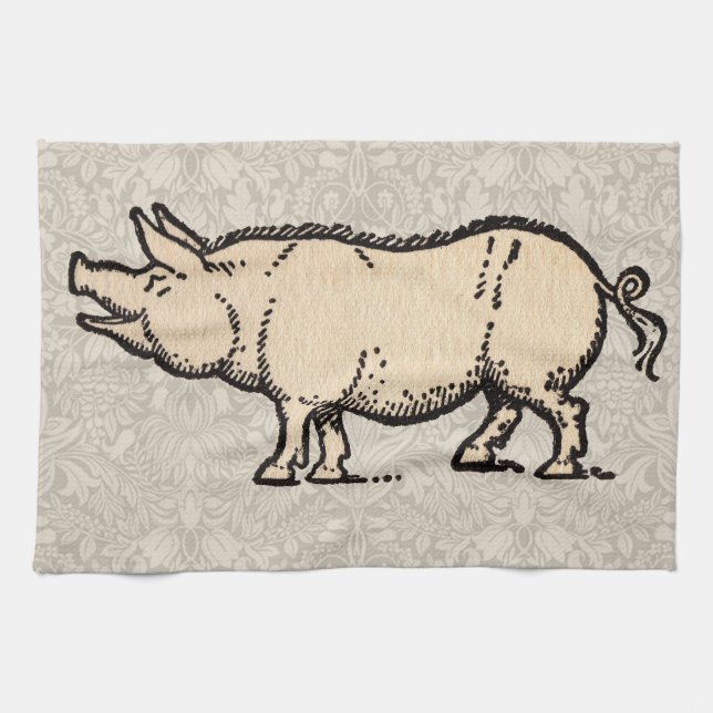 Pig Antique Piggy Cute Vintage Illustration Tea Towel (Horizontal)