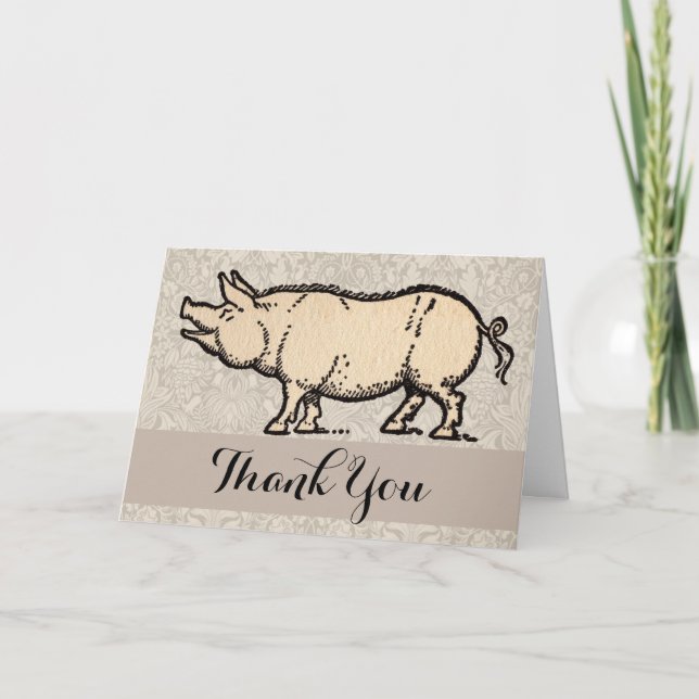 Pig Antique Piggy Cute Vintage Illustration Thank You Card (Front)