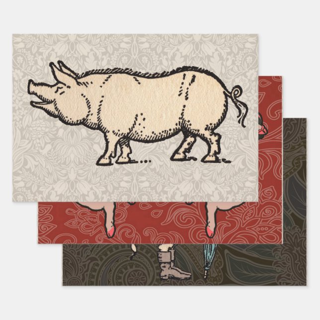 Pig Antique Piggy Cute Vintage Illustration Wrapping Paper Sheet (Set)