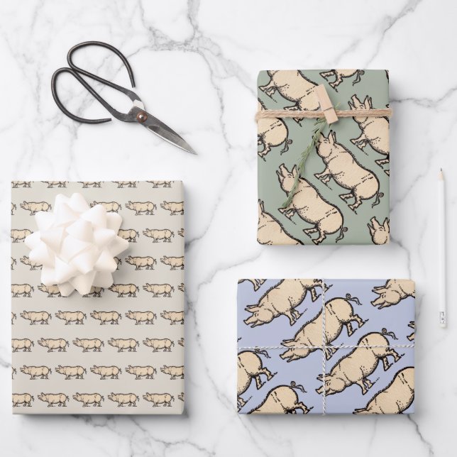Pig Antique Piggy Cute Vintage Illustration Wrapping Paper Sheet (Front)