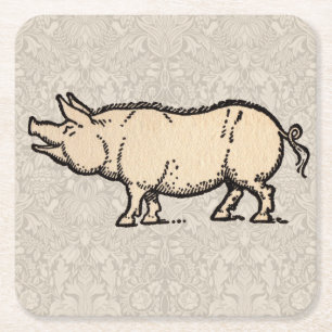 Pig Antique Piggy Cute Vintage Square Paper Coaster