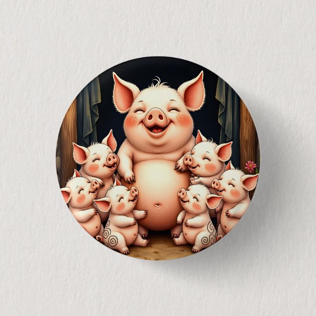  Pig Art – Mother & Piglets 3 Cm Round Badge (Front)