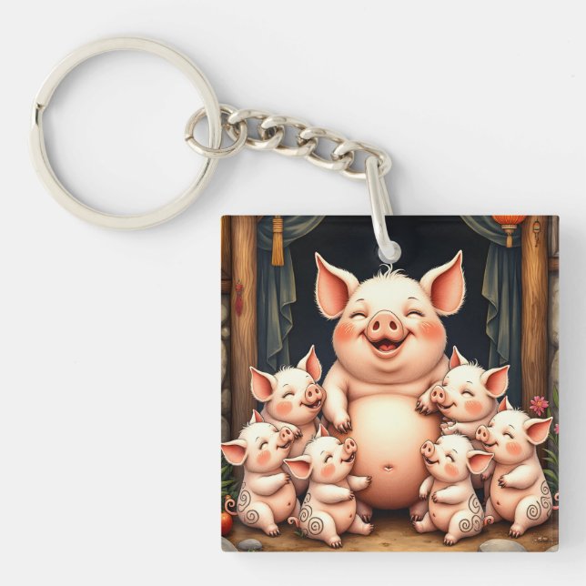  Pig Art – Mother & Piglets Key Ring (Front)