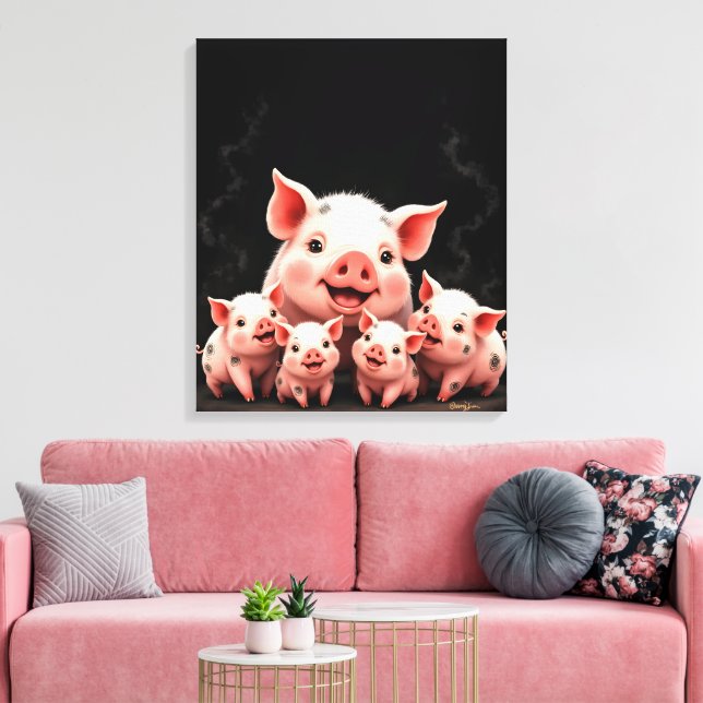 Pig Artwork – Mother Pig & Piglets Canvas Print (Insitu(LivingRoom))