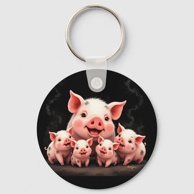 Pig Artwork – Mother Pig & Piglets Key Ring (Front)